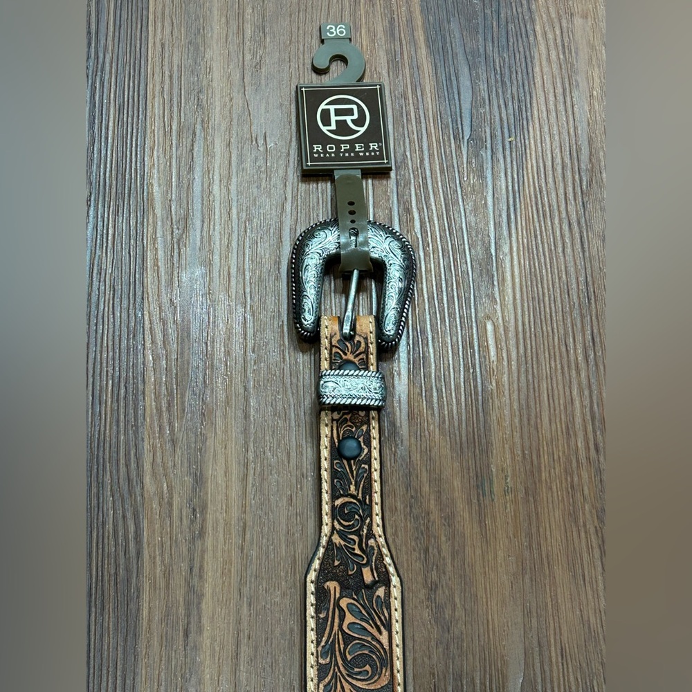 Roper Floral Genuine Leather 8667500 Brown Size 36‎ Mens Belt Silver Buckle End